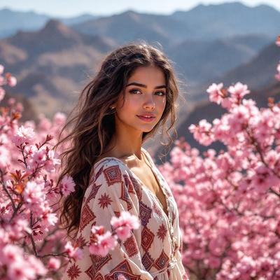 The primary subject of the image is a woman with long hair, standing in a field of pink flowers. She is wearing a flowered dress and appears to be posing for the camera. The setting is a beautiful outdoor environment with a mountainous background. The visual style of the image is a combination of photo and digital art, creating a vibrant and lively atmosphere. The dominant colors in the image are pink and white, which contribute to the overall mood of the scene.